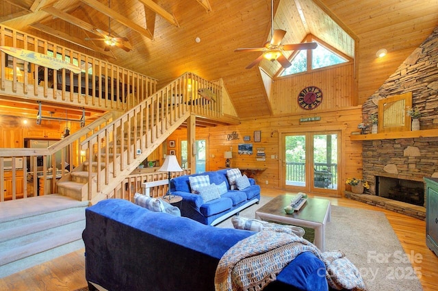 178 Anglers Way, Lake Lure, NC 28746 - living area with ceiling fan, high vaulted ceiling, wood finished floors, stairs, and wooden ceiling