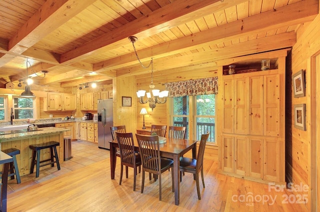 178 Anglers Way, Lake Lure, NC 28746 - dining room with a chandelier, wood walls, light wood finished floors, and a wood ceiling with exposed beams