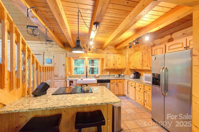 178 Anglers Way, Lake Lure, NC 28746 - kitchen featuring stainless steel appliances, light brown cabinets, a wood ceiling with exposed beams, light stone countertops, and wooden walls
