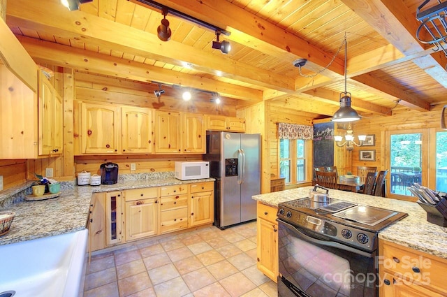 178 Anglers Way, Lake Lure, NC 28746 - kitchen featuring black / electric stove, white microwave, stainless steel fridge with ice dispenser, light brown cabinets, and a wood ceiling with exposed beams