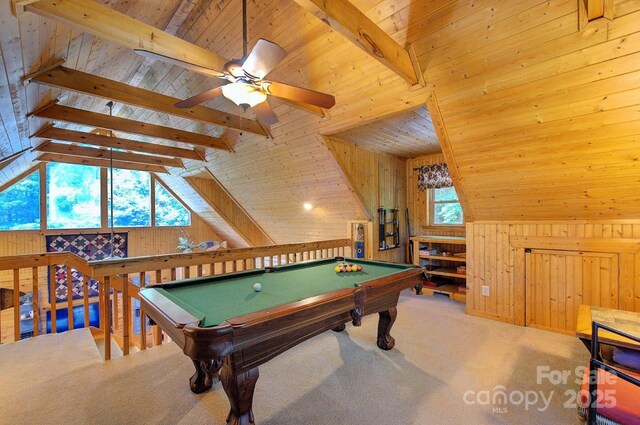178 Anglers Way, Lake Lure, NC 28746 - game room featuring wood walls, wood ceiling, ceiling fan, carpet flooring, and billiards table