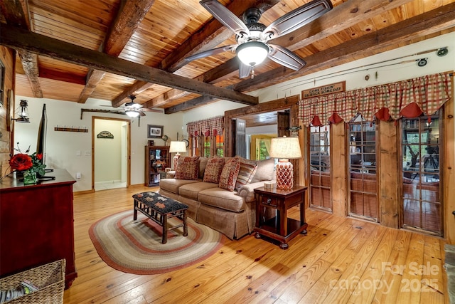 1504 Red Marble Rd, Andrews, NC 28901 - living room featuring a ceiling fan, a wooden ceiling with exposed beams, and hardwood / wood-style flooring