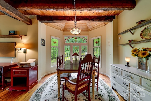 1504 Red Marble Rd, Andrews, NC 28901 - dining room featuring a wood ceiling with exposed beams, light wood-type flooring, and a chandelier