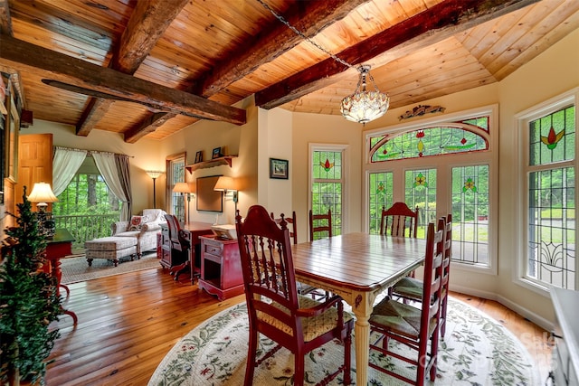 1504 Red Marble Rd, Andrews, NC 28901 - dining area with a wood ceiling with exposed beams, a chandelier, and wood-type flooring