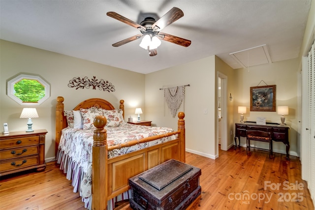 1504 Red Marble Rd, Andrews, NC 28901 - bedroom featuring attic access, light wood-style floors, and ceiling fan