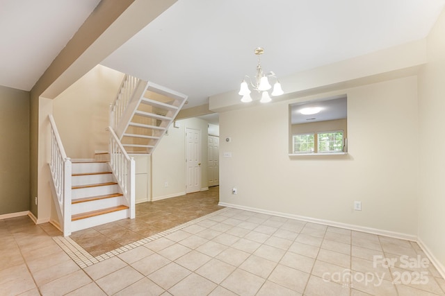 1250 Maple Shade Ln, Charlotte, NC 28270 - basement with stairs, a chandelier, and tile patterned floors