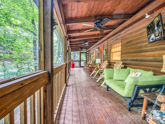 116 Chalet Rd, Lake Lure, NC 28746 - wooden terrace featuring a ceiling fan
