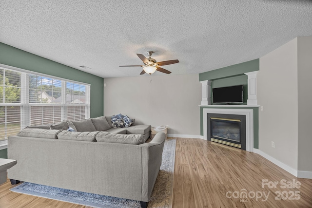 8009 Trotter Rd, Charlotte, NC 28216 - living area with wood finished floors, ceiling fan, a glass covered fireplace, and a textured ceiling