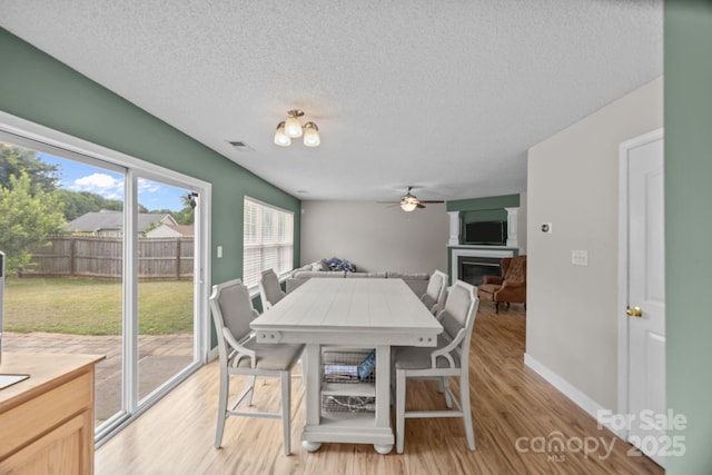 8009 Trotter Rd, Charlotte, NC 28216 - dining space featuring a glass covered fireplace, ceiling fan, light wood-style flooring, and a textured ceiling