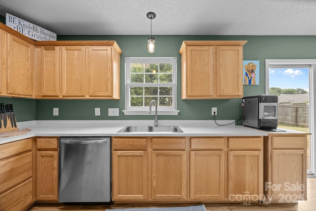 8009 Trotter Rd, Charlotte, NC 28216 - kitchen with dishwasher, a textured ceiling, light brown cabinets, light countertops, and hanging light fixtures