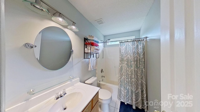 8009 Trotter Rd, Charlotte, NC 28216 - bathroom with vanity, shower / bath combo with shower curtain, a textured ceiling, and tile patterned flooring
