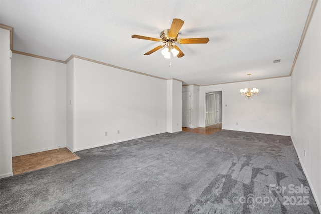 248 Pointe Cir, Rock Hill, SC 29732 - carpeted spare room with a ceiling fan, a chandelier, ornamental molding, and a textured ceiling