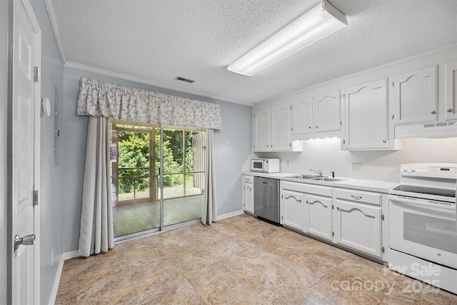 248 Pointe Cir, Rock Hill, SC 29732 - kitchen featuring white appliances, under cabinet range hood, a textured ceiling, white cabinets, and light countertops