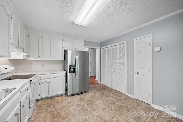 248 Pointe Cir, Rock Hill, SC 29732 - kitchen with stainless steel fridge with ice dispenser, electric stove, a textured ceiling, white cabinets, and under cabinet range hood