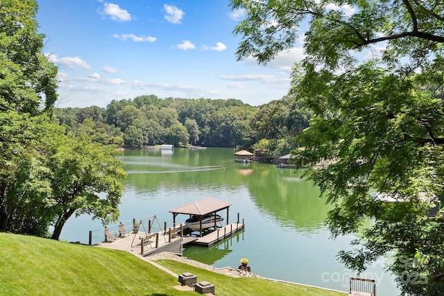 7040 Hyde St, Sherrills Ford, NC 28673 - dock with a water view, a yard, a view of trees, and a gazebo