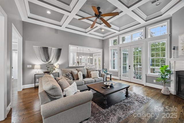 835 Misty Arbor Frd Unit 76, Clover, SC 29710 - living room featuring a high ceiling, a ceiling fan, coffered ceiling, crown molding, and french doors