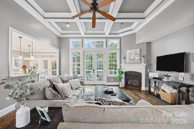 835 Misty Arbor Frd Unit 76, Clover, SC 29710 - living area with french doors, coffered ceiling, wood finished floors, a glass covered fireplace, and a ceiling fan