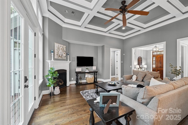 835 Misty Arbor Frd Unit 76, Clover, SC 29710 - living area featuring coffered ceiling, wood finished floors, a ceiling fan, a fireplace, and ornamental molding