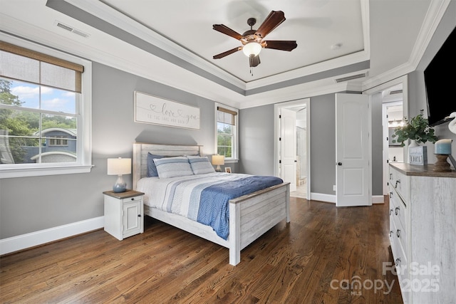 835 Misty Arbor Frd Unit 76, Clover, SC 29710 - bedroom featuring a tray ceiling, ornamental molding, dark wood-type flooring, and ceiling fan