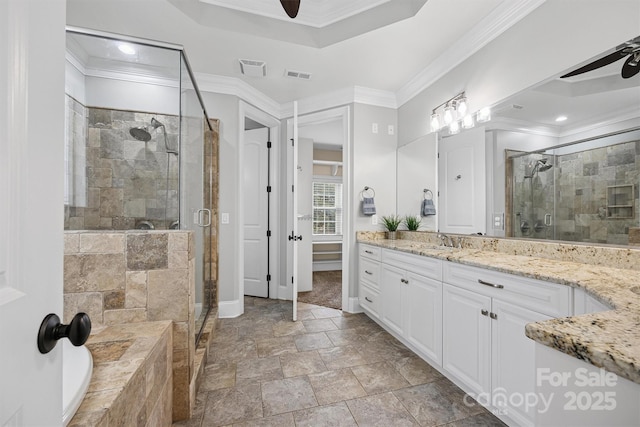835 Misty Arbor Frd Unit 76, Clover, SC 29710 - full bathroom with a ceiling fan, vanity, crown molding, a shower stall, and stone finish flooring