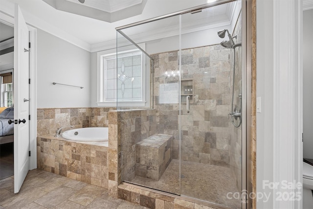 835 Misty Arbor Frd Unit 76, Clover, SC 29710 - ensuite bathroom with a garden tub, ornamental molding, a shower stall, and healthy amount of natural light