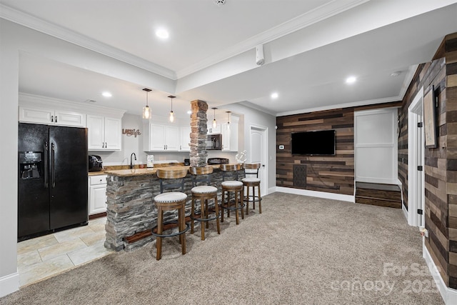 835 Misty Arbor Frd Unit 76, Clover, SC 29710 - kitchen with black appliances, ornamental molding, white cabinets, a breakfast bar, and recessed lighting