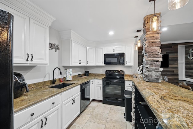 835 Misty Arbor Frd Unit 76, Clover, SC 29710 - kitchen with black appliances, white cabinetry, light stone counters, decorative light fixtures, and recessed lighting