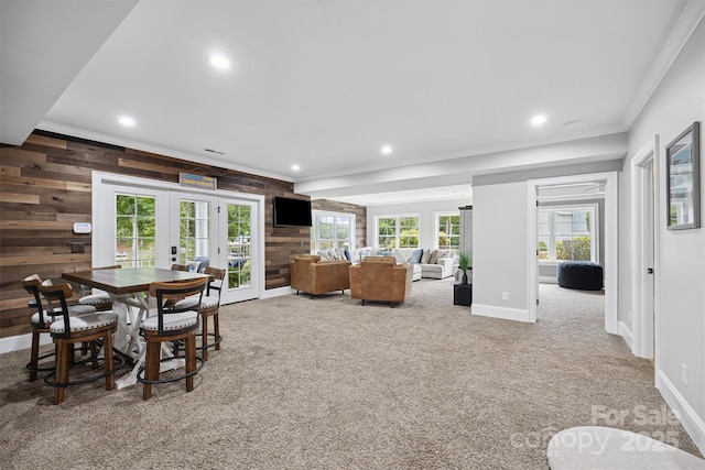 835 Misty Arbor Frd Unit 76, Clover, SC 29710 - carpeted dining room featuring french doors, crown molding, wood walls, and recessed lighting