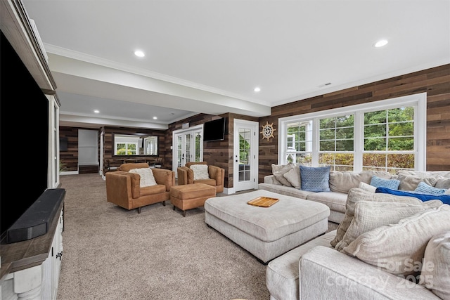 835 Misty Arbor Frd Unit 76, Clover, SC 29710 - living area featuring wooden walls, light carpet, crown molding, recessed lighting, and healthy amount of natural light