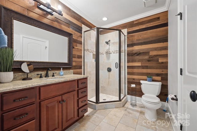 835 Misty Arbor Frd Unit 76, Clover, SC 29710 - bathroom featuring wooden walls, ornamental molding, vanity, a shower stall, and tile patterned flooring