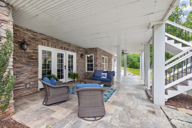 835 Misty Arbor Frd Unit 76, Clover, SC 29710 - view of patio / terrace featuring stairs, french doors, an outdoor living space, and a ceiling fan