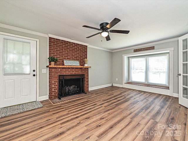 159 Valleydale Dr, Gastonia, NC 28056 - unfurnished living room with wood finished floors, a ceiling fan, a fireplace, and crown molding