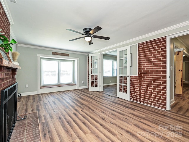 159 Valleydale Dr, Gastonia, NC 28056 - unfurnished living room with ceiling fan, wood finished floors, crown molding, a fireplace, and french doors