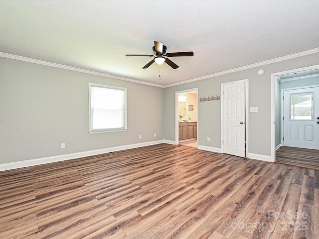 159 Valleydale Dr, Gastonia, NC 28056 - unfurnished bedroom featuring wood finished floors, ornamental molding, ensuite bathroom, and ceiling fan