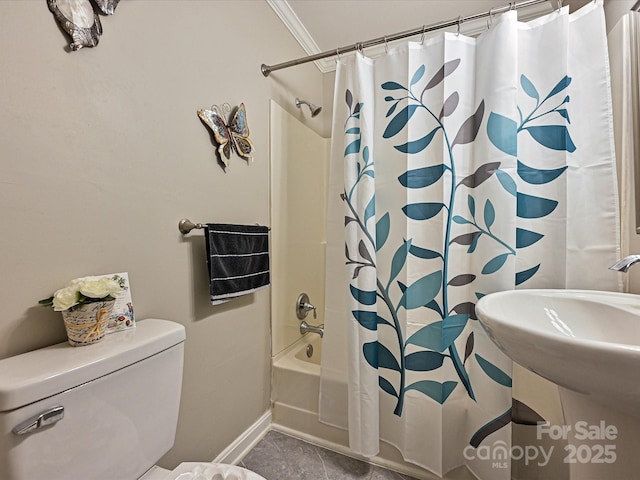 159 Valleydale Dr, Gastonia, NC 28056 - bathroom featuring shower / bath combination with curtain, tile patterned flooring, and crown molding