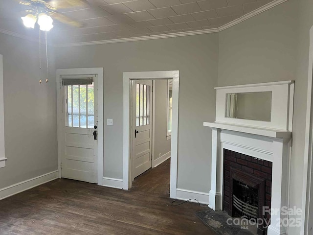 325 N Caldwell Ave, Newton, NC 28658 - unfurnished living room with ornamental molding, wood finished floors, ceiling fan, and a fireplace