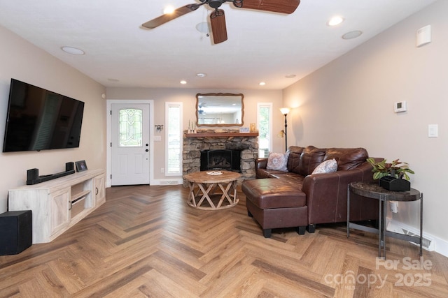 14 New Bern Dr, Fletcher, NC 28732 - living room featuring a ceiling fan, a stone fireplace, and recessed lighting