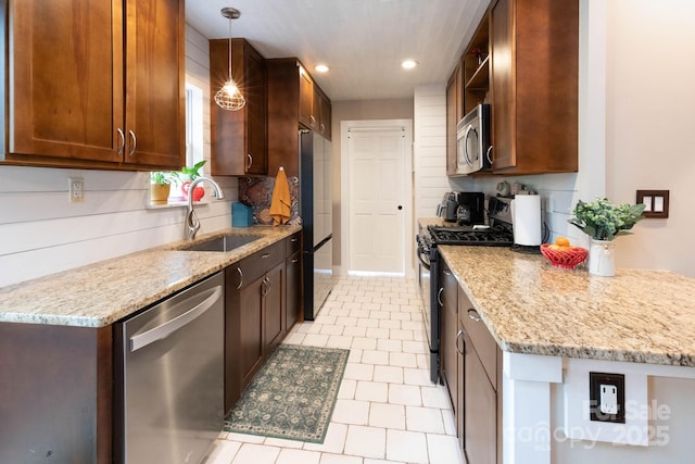 14 New Bern Dr, Fletcher, NC 28732 - kitchen with stainless steel appliances, open shelves, recessed lighting, light stone countertops, and decorative light fixtures