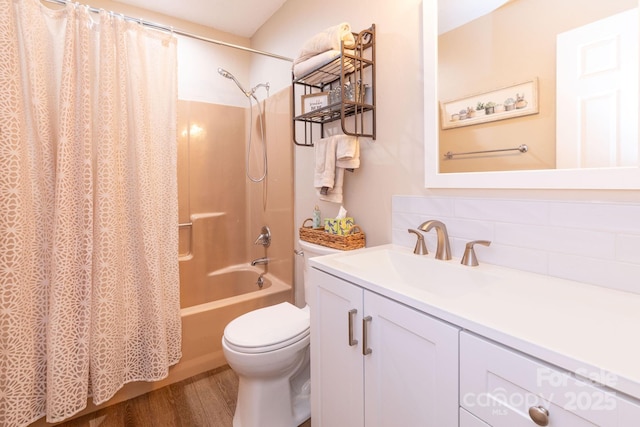 14 New Bern Dr, Fletcher, NC 28732 - bathroom with decorative backsplash, vanity, wood finished floors, and shower / tub combo