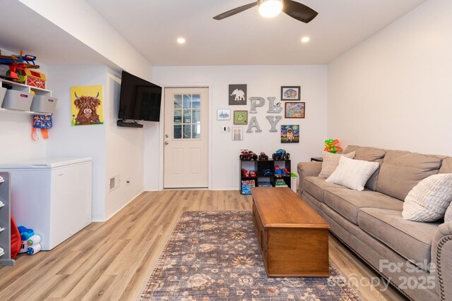 14 New Bern Dr, Fletcher, NC 28732 - living room featuring light wood-style floors, ceiling fan, and recessed lighting