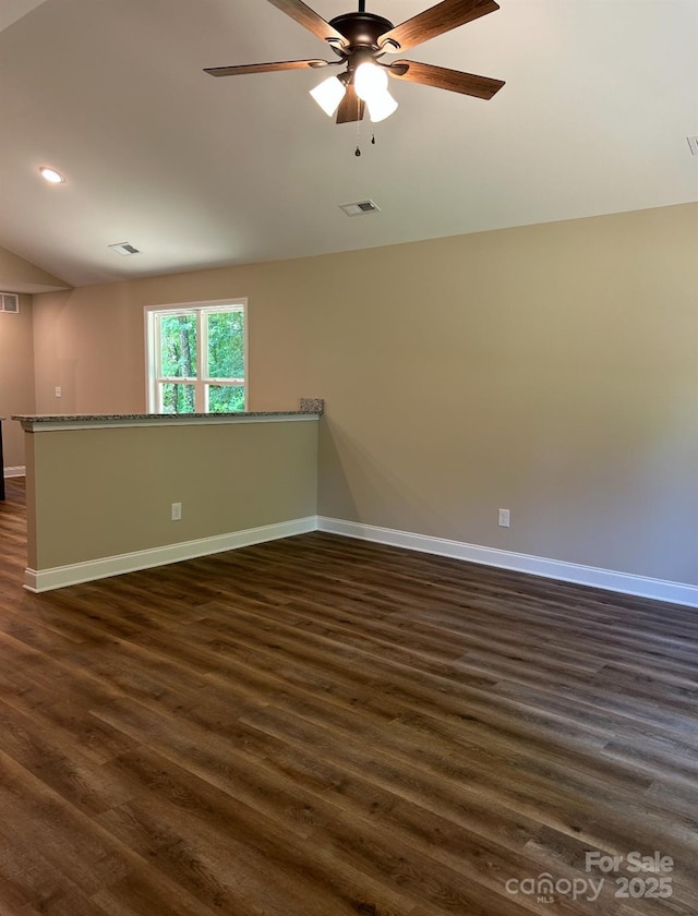 32967 Poplar Lane Rd, Albemarle, NC 28001 - unfurnished room with lofted ceiling, dark wood finished floors, a ceiling fan, and recessed lighting