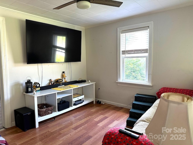 39 Hemphill Rd, Waynesville, NC 28785 - living area featuring ornamental molding, a ceiling fan, and wood finished floors