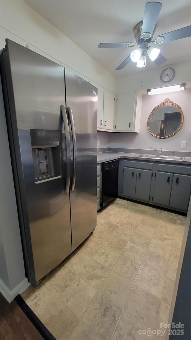 2116 S Main St, Kannapolis, NC 28081 - kitchen with stainless steel fridge with ice dispenser, black dishwasher, a ceiling fan, gray cabinets, and white cabinetry
