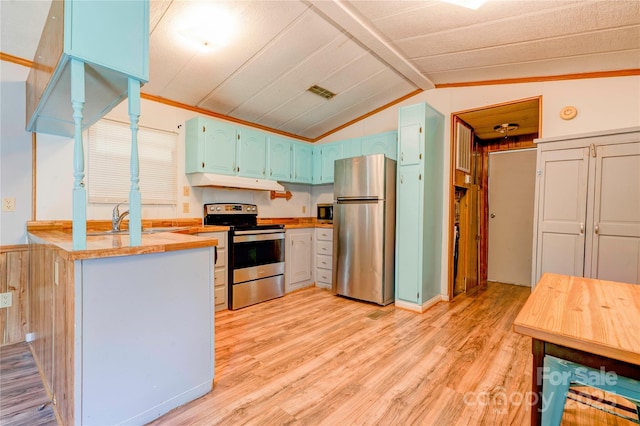 121 Whipporwill Ct, Grover, NC 28073 - kitchen featuring appliances with stainless steel finishes, under cabinet range hood, light wood finished floors, light countertops, and wine cooler