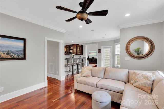 4552 Sawgrass Ct, Denver, NC 28037 - living room with wood finished floors, recessed lighting, a ceiling fan, and ornamental molding