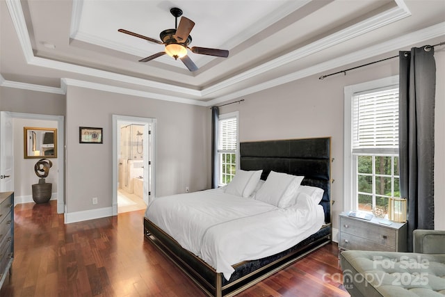4552 Sawgrass Ct, Denver, NC 28037 - bedroom with a tray ceiling, wood finished floors, ornamental molding, ensuite bathroom, and ceiling fan