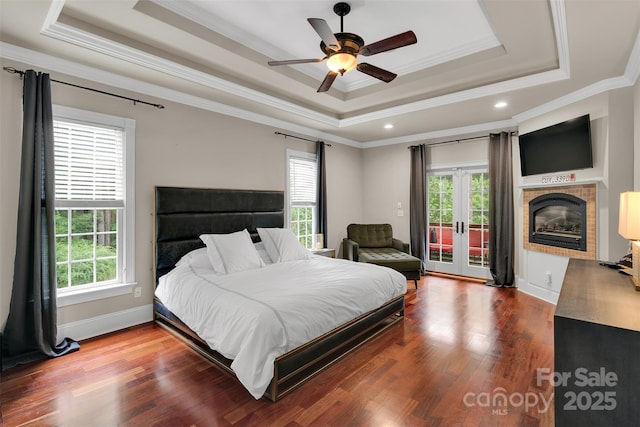 4552 Sawgrass Ct, Denver, NC 28037 - bedroom with a raised ceiling, access to outside, crown molding, wood finished floors, and recessed lighting