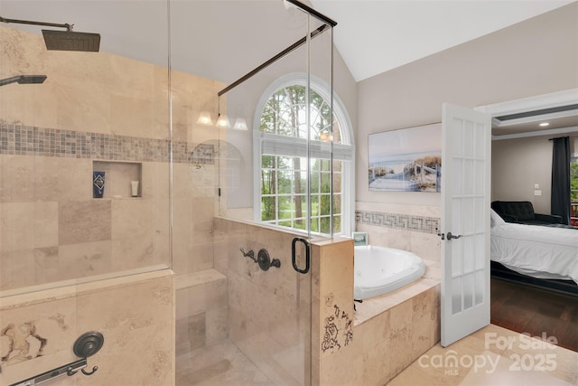 4552 Sawgrass Ct, Denver, NC 28037 - bathroom featuring connected bathroom, a stall shower, a bath, and vaulted ceiling