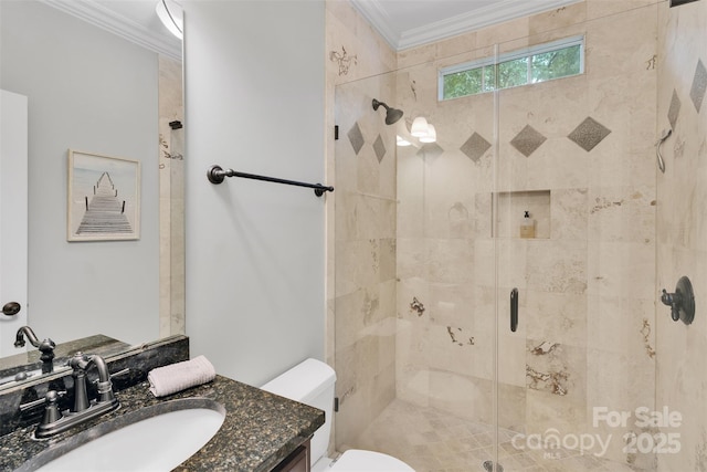 4552 Sawgrass Ct, Denver, NC 28037 - full bathroom with crown molding, a stall shower, and vanity