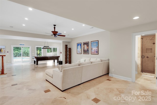 4552 Sawgrass Ct, Denver, NC 28037 - living room featuring ornamental molding, recessed lighting, pool table, and ceiling fan